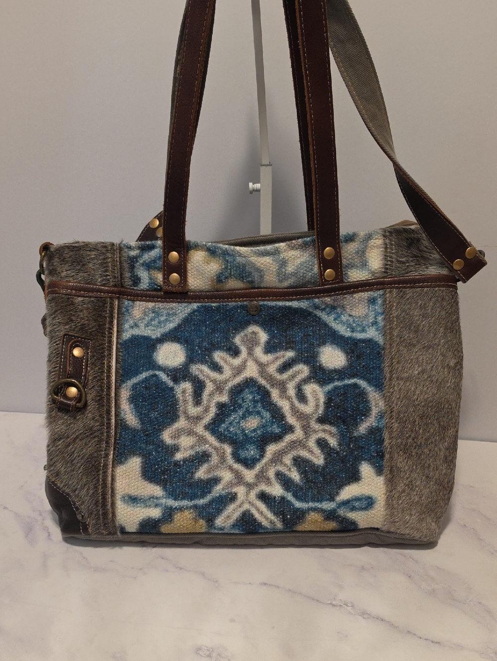 Myra Blue & Gray Patterned  Bag with Brown Leather Straps